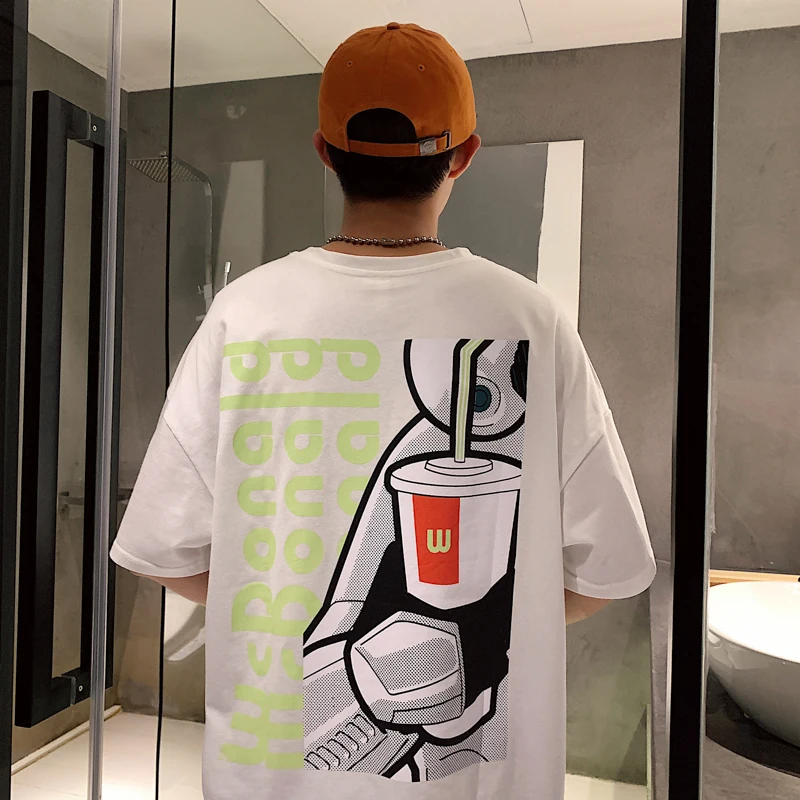 

Hip Hop Cartoon Printing O-neck Short Sleeve T Shirt Hip-hop 2019 Summer Funny Tide Schoolboy Cotton Lovers Male T-shirt S-2XL