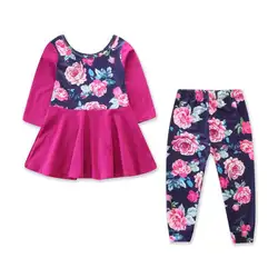 Топы с длинными рукавами для новорожденных девочек, футболка + штаны комплект из 2 предметов комплекты одежды с цветочным принтом для