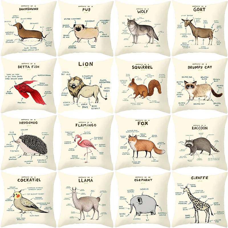 

Sale 1PC Funny Animals Anatomy Flamingo Fox Dachshund Giraffe Hedgehog Lion Pug Squirrel Pillow Case