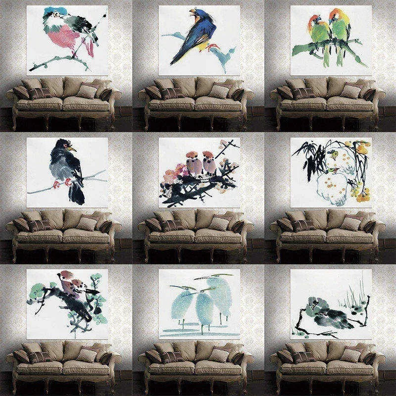 

Fashion Chinese style tapestry wall hanging ink painting wall art decoration for bedroom living room Dorm 59"x51" birds parrots