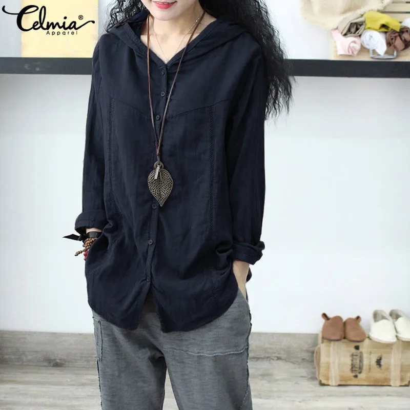  Celmia 5XL Women Vintage Linen Tops Blouses 2019 Autumn Casual Long Sleeve Buttons Hoodies Shirts F