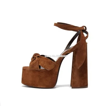 

2019 Summer Shoes Woman Platform Butterfly-knot Decor Sandals 14 CM High Square Heels Ankle Strap Sandals Party Sexy Shoes Woman