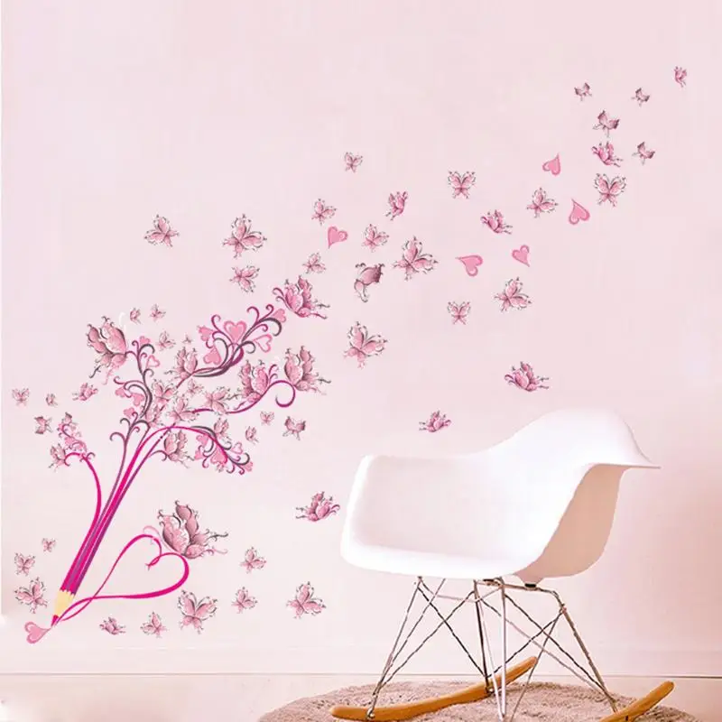 

Pink Pencil Butterfly Flower Wall Stickers Bedroom Wall Stickers De Pared Furnishings Romantic Living Room Decoration Pegatinas