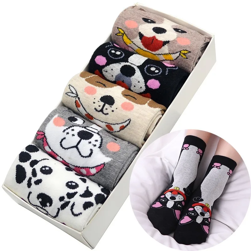 

Dog Print Women Socks 5 Pair/set Cute Cartoon Dog Cotton Women Crew Socks Animal Flat Funny Socks with Gift Box