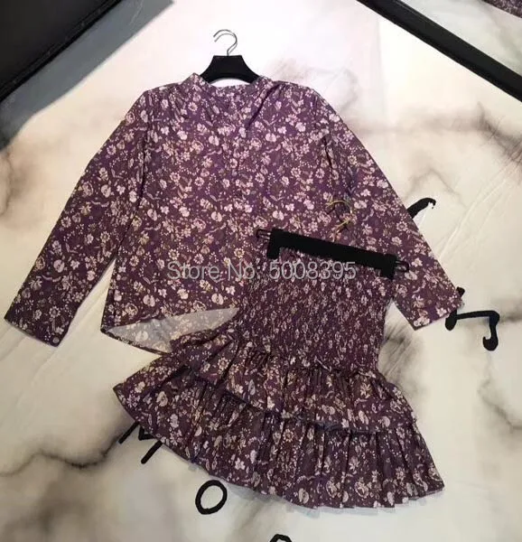 Фиолетовый цветочный принт Топ блузка рубашка спереди buttonedдлинные рукава матч Короткие гофрированная юбка высокая смоченная Талия комплект из 2 предметов