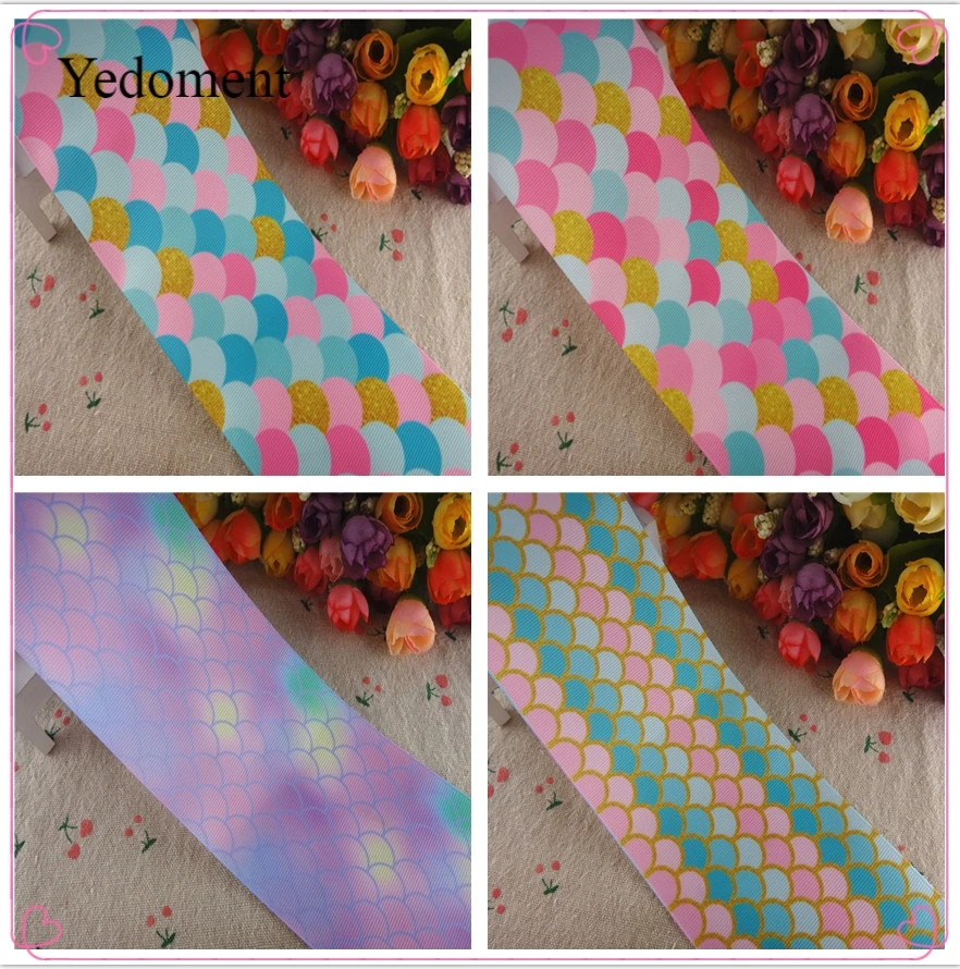 

18051703, 5 yards/lot 3"75 mm fish scale printed grosgrain ribbon, handmade materials ribbons and diy bows fabric webbing