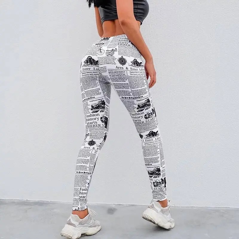 

2019 News Paper Print Women Sport Pants High Waist Yoga Fitness Legging Running Gym Stretch Trouser