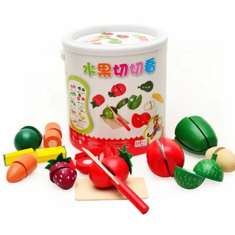 

Wooden Fruit Vegetable Kitchen Cutting Toy With Portable Barrel Early Development And Education Toys For Baby Kids