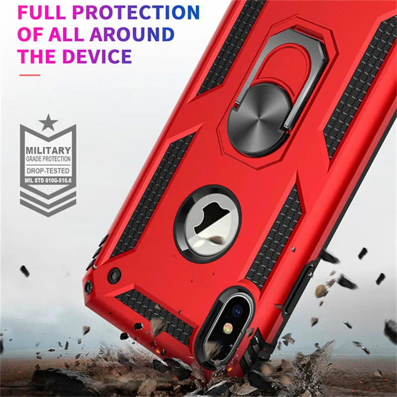 غلاف واقي مضاد للصدمات Kickstand الهاتف حقيبة لهاتف أي فون XR XS ماكس X 6 6 S 7 8 زائد الاصبع رنين مغناطيسي حامل مكافحة الخريف لينة حافة غطاء