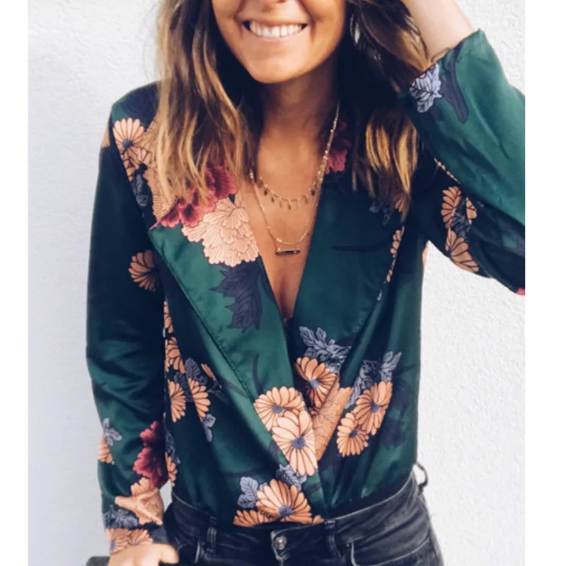 

hirigin Autumn Women Floral Bodysuits Long Sleeve Deep V-neck Turn-down Collar Loose Casual Shirt Tops Bodysuit