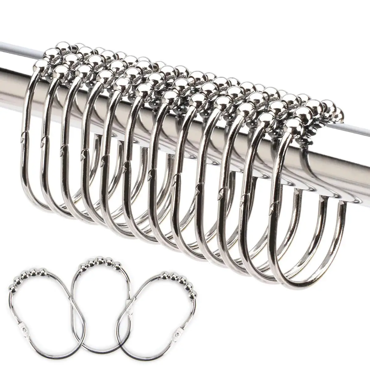 

Wide Shower Curtain Rings/Hooks Set, Decorative Polished Chrome Finish, Easy Glide Rollers, 100% Rustproof Stainless Steel, Se