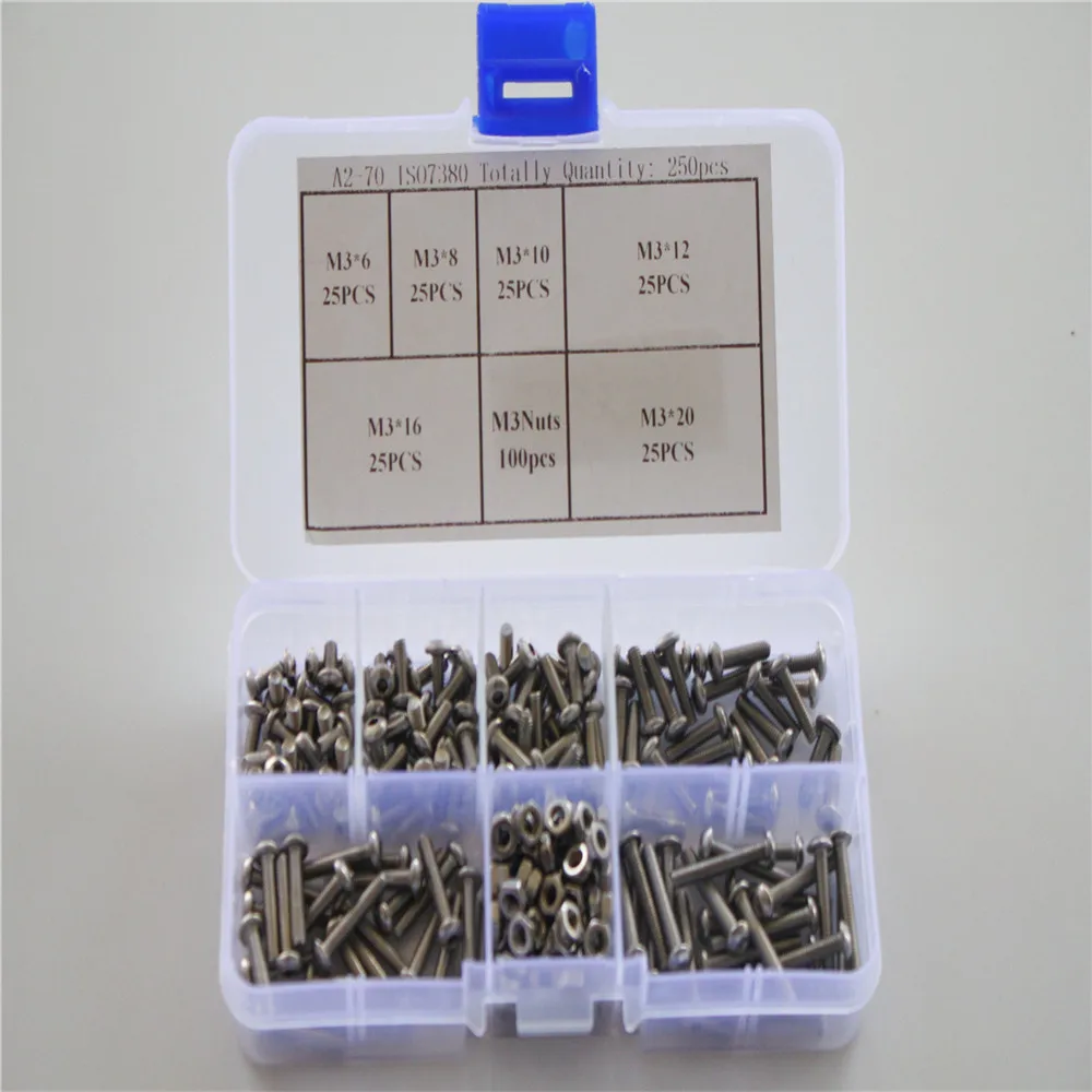 

250pcs M3 A2 Button Head Cap Head Flat Head Stainless Steel Allen Bolts With Hex Nuts Screws Assortment