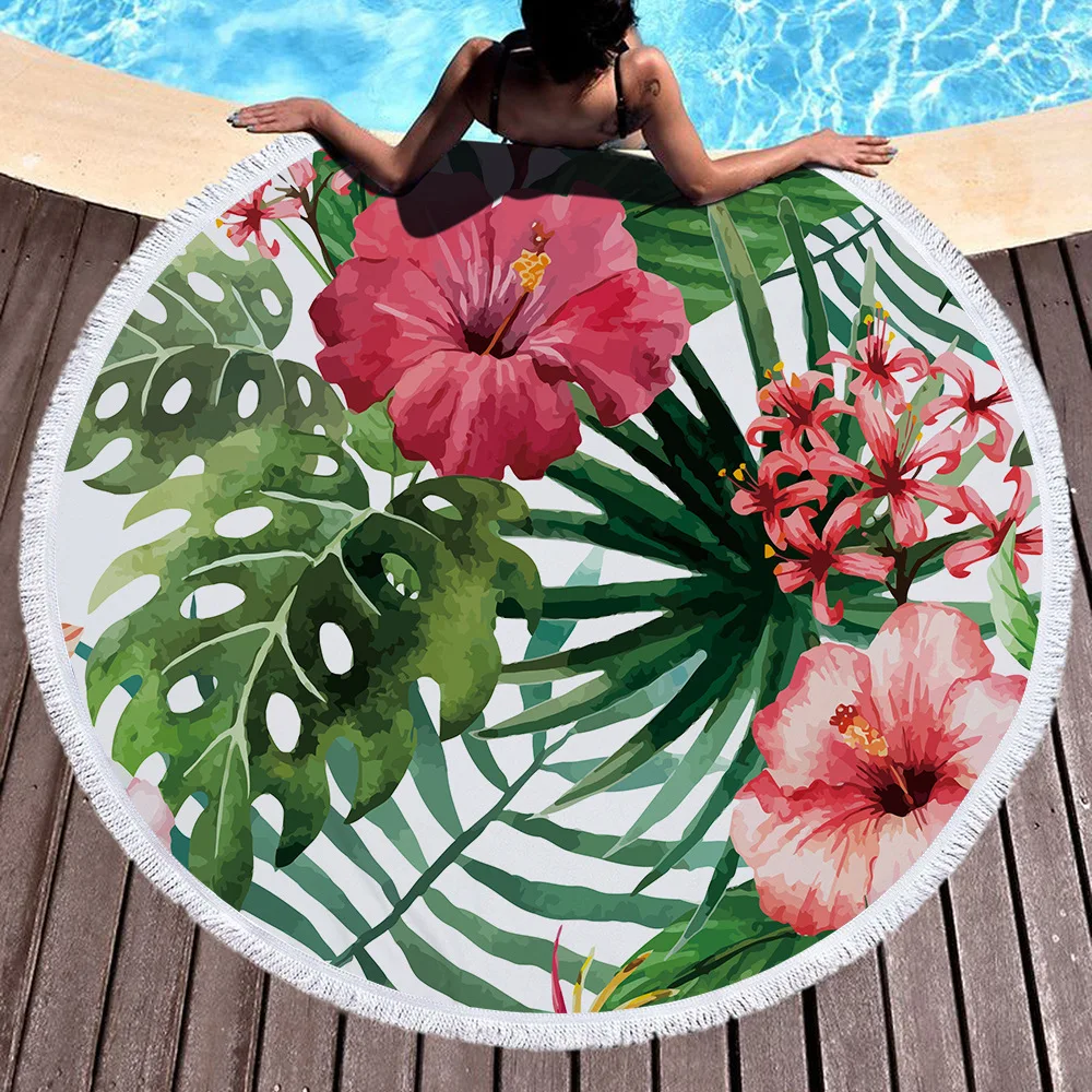 

Printed Large Leaves Flower Flamingo Beach Towel Round Microfiber Beach Towels Roundie Adults Serviette De Plage Toalla Playa