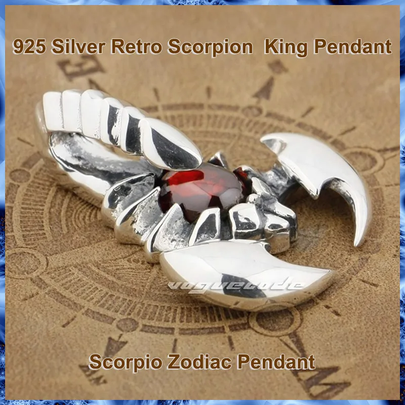 

925 Sterling Silver Punk Retro Scorpion King Pendant Cool Knight Individuality Red Zircon Scorpio Zodiac Pendant Necklace 9J004