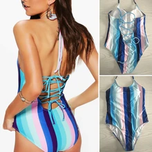 Женский цельный купальник бикини купальник пляж Купание купальный костюм красочные полосатые стринги бондаж летние мягкие купальники