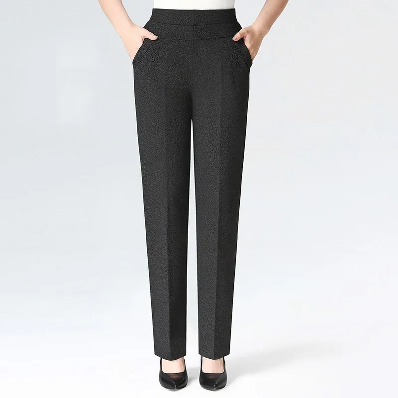 

Middle Aged Women Pants 2019 Spring Summer Elegant Elastic Waist Full Length Pant Casual Loose Straight Trousers Plus Size 5XL