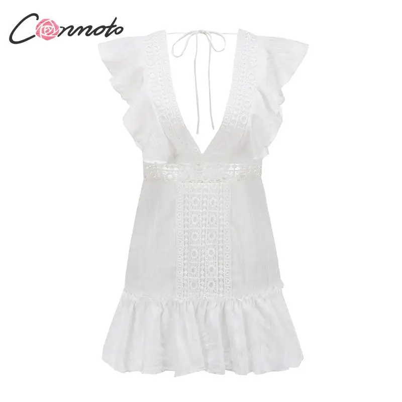 Conmoto Элегантное белое платье с вышивкой, короткое летнее платье с v-образным вырезом, сексуальное платье со шнуровкой, модное платье с вырезом, лето