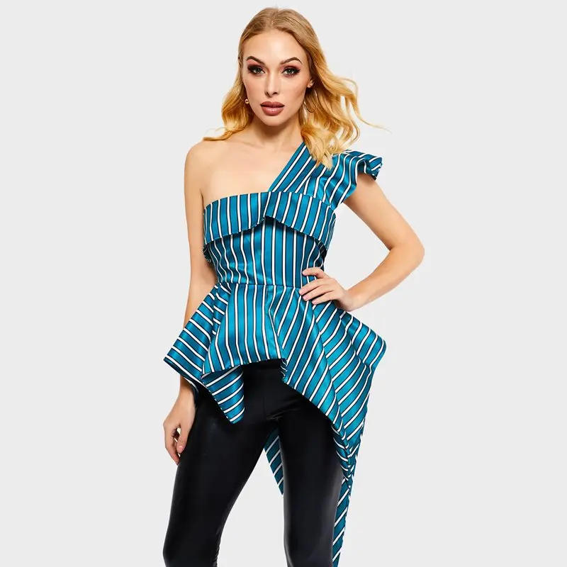 Stripe Green Collar Fashion Office Asymmetric Women Oblique Lady Blouses Zipper Tops Sexy Shirt Female Slim Elegant Casual Sweet gtgPv4