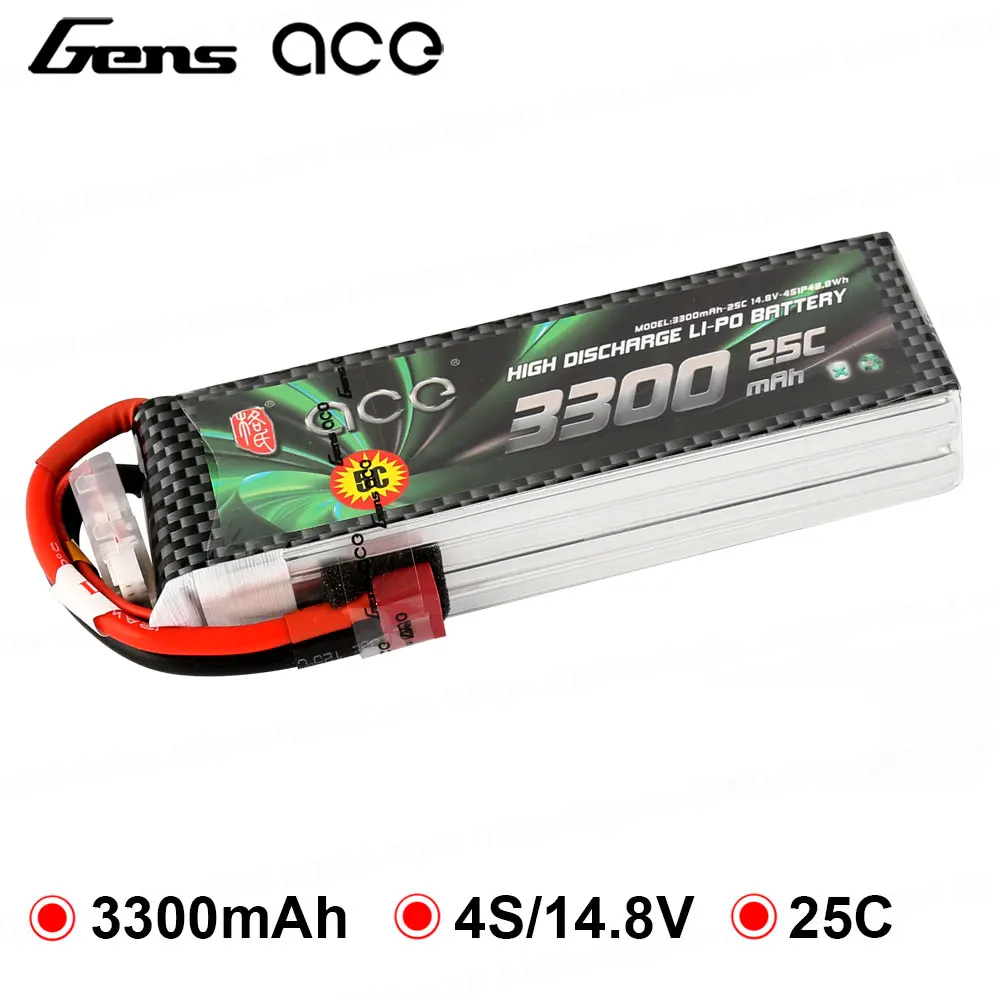 Gens ace Lipo Battery 14.8V 3300mAh Lipo 4S Battery Pack 25C T Plug Battery for 70mm edf FPV Planes Wings Helicopter RC Plane