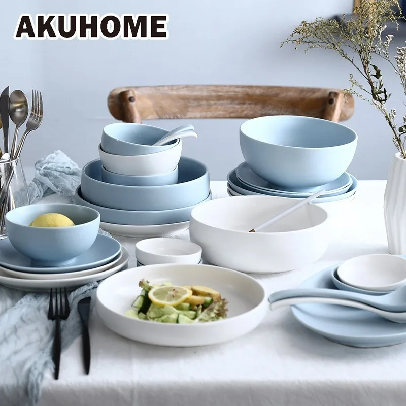 Nordic Style Solid Bowls Ceramic Dishes And Plates Sets Dinner Plates White Blue Tray For Food Household Gift AKUHOME Nordic Style Solid Bowls Ceramic Dishes And Plates Sets Dinner Plates White Blue Tray For Food Household Gift AKUHOME