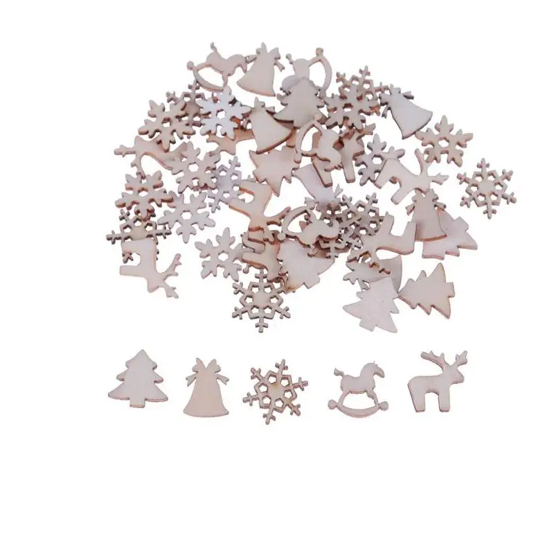 

50pcs/100pcs XMAS/English Letter/Numbers Wood Chip Wood Christmas Ornaments Reindeer Tree Snow Flakes Rocking Horse Xmas Decor
