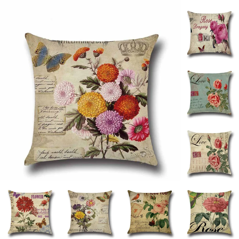 

Vintage Rose Flower Cotton Linen Cushion Cover Retro Style Flowers Pattern Pillowcase Waist Throw Pillows Cover