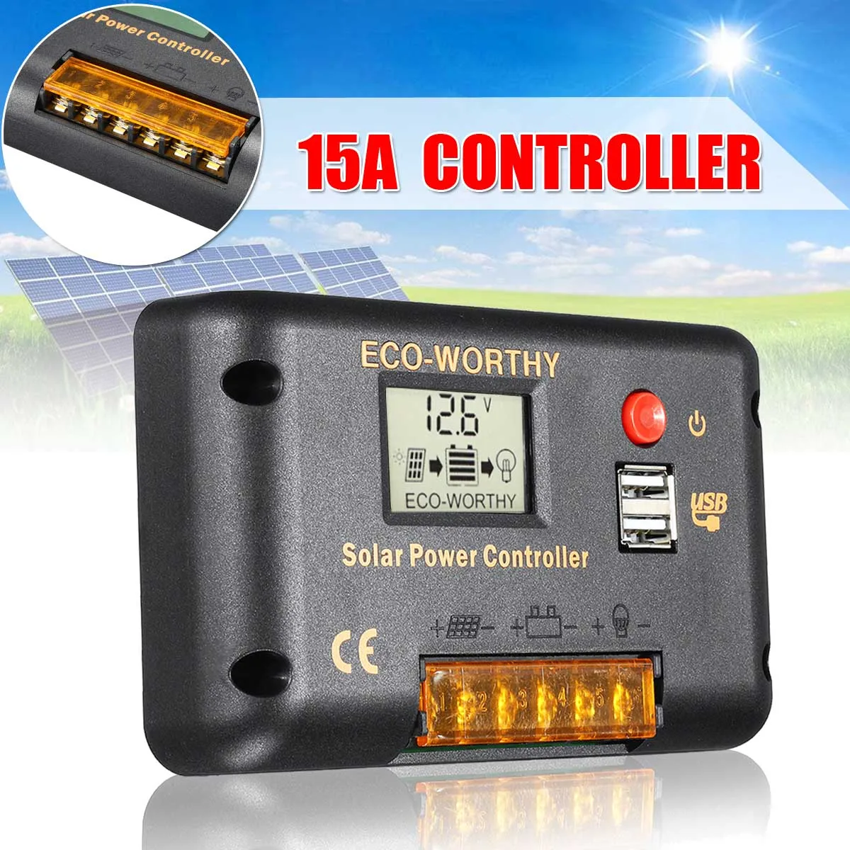 

12V/24V Auto 15A Solar Charge Controllers For PWM Solar Panel Water Pump With LCD Dual USB 5V Output Solar Cell Panel Regulator