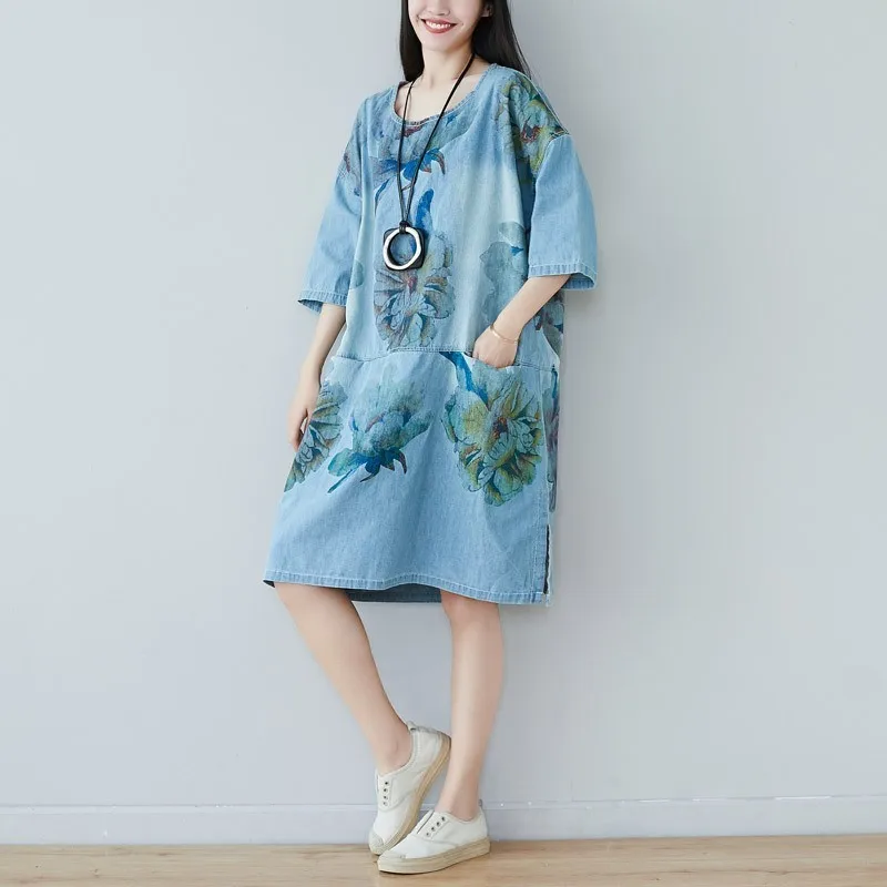 

Oversized Baggy Pullovers Women O-Neck Patchwork Short Sleeve Long T-shirt Ethnic Printed Flower Casual Robe Cotton Dress