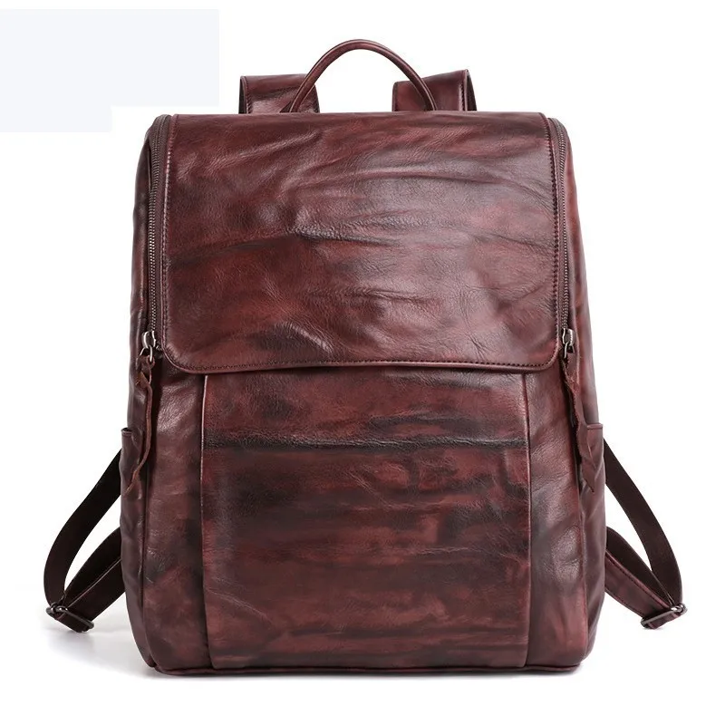 Leder Casual Rucksack Rucksäcke Laptop Männer Echtem Hombre Retro Mochila Sac Tanning Tasche Plecak Brown Schulter Reise qH1F5yCfx