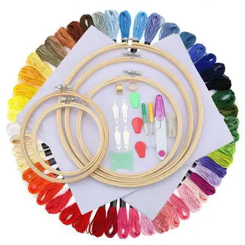 

Full Set of Embroidery Starter Kit Cross Tool Kit Including 5 Bamboo Embroidery Hoop, 50 Vivid Color Threads, 12 by 18-Inch 14