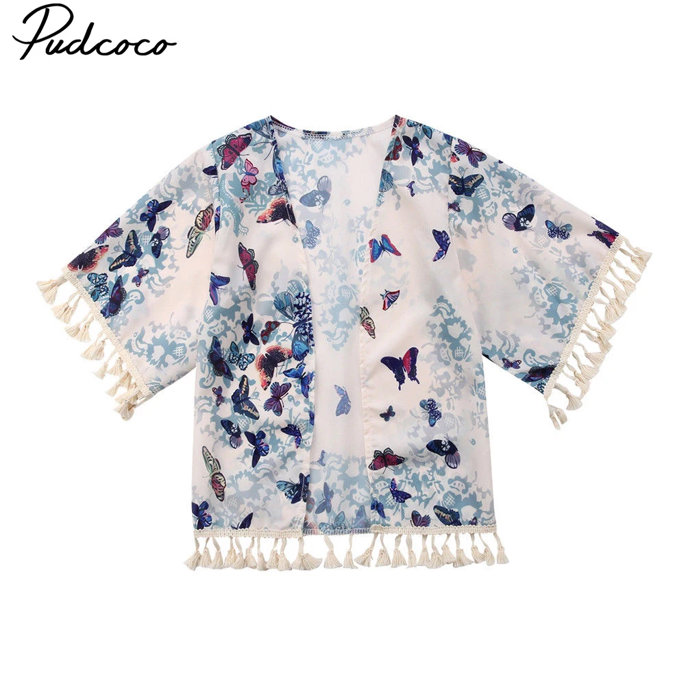 

Pudcoco 2-6Years Kids Toddler Baby Girls Clothes Cotton Tassel Kimono Blouse Open Cardigan Cover Up Sunsuit