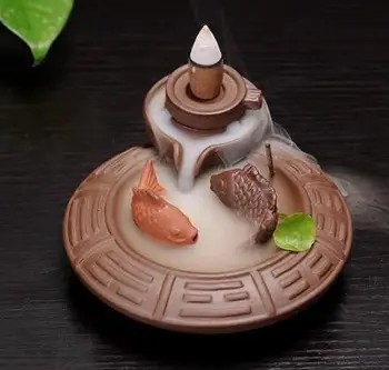 

Chinese Handwork Fish Ceramic Millstone Smoke Backflow Cone Holder Incense Burner Censer