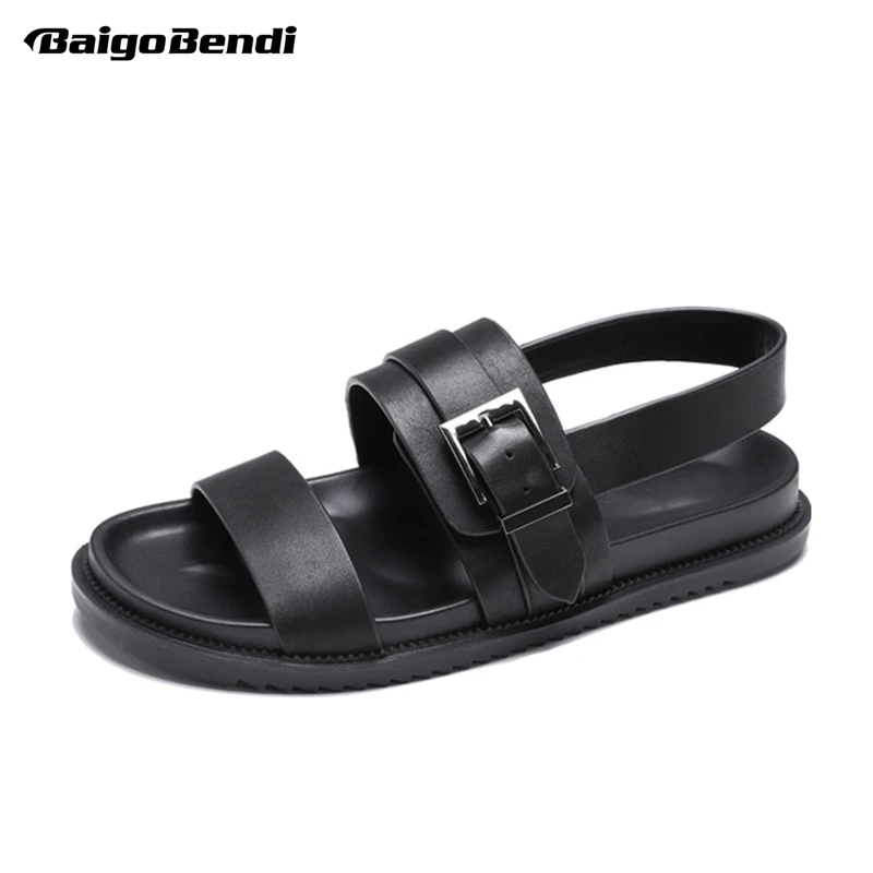 

2019 NEW Buckle Belt Men Sandals White Genuine Leather Gladiator Rome Summer Beach Shoes Man Thick Heel Shoes