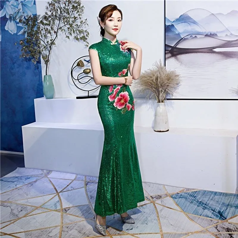 

Fashion Cheongsam Gown Red Mermaid Wedding Dress Women Traditional Chinese Style Evening Dresses Sequins Embroidery Long Qipao