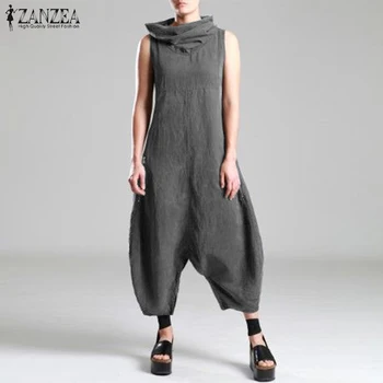 

ZANZEA Fashion Summer Women Sleeveless Jumpsuits Ladies Turtleneck Harem Pants Solid Cotton Linen Drop Crotch Rompers Overalls