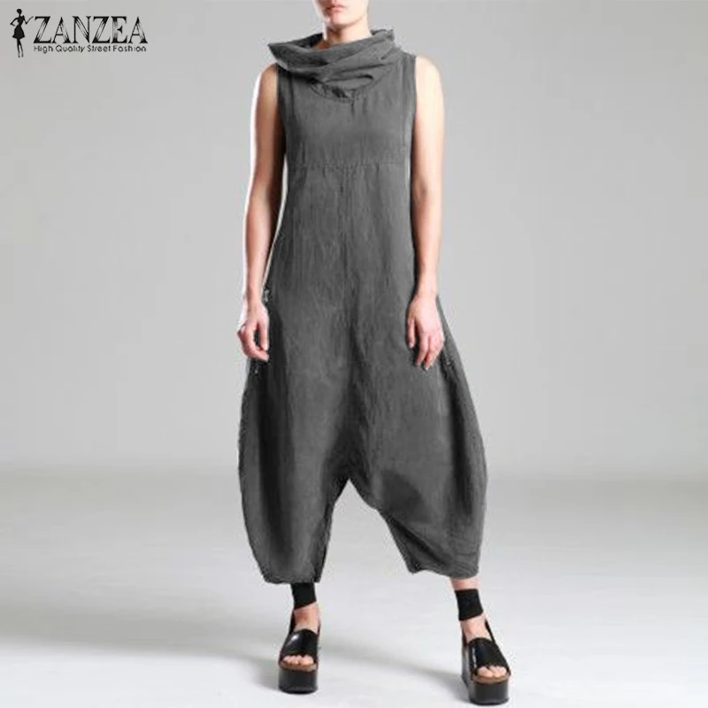 ZANZEA Fashion Summer Women Sleeveless Jumpsuits Ladies Turtleneck Harem Pants Solid Cotton Linen Drop Crotch Rompers Overalls ZANZEA Fashion Summer Women Sleeveless Jumpsuits Ladies Turtleneck Harem Pants Solid Cotton Linen Drop Crotch Rompers Overalls