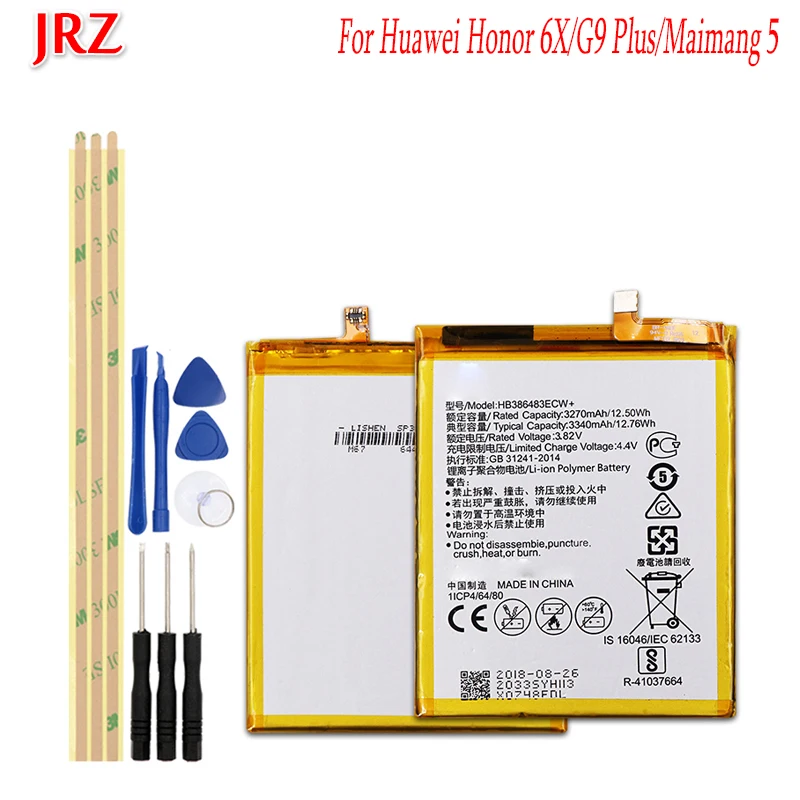 

3.82V 3340mAh HB386483ECW+ battery For Huawei Honor 6X G9 Plus Maimang 5 MLA-AL00 MLA-AL10 phone Replacement Batteries+Tools Set