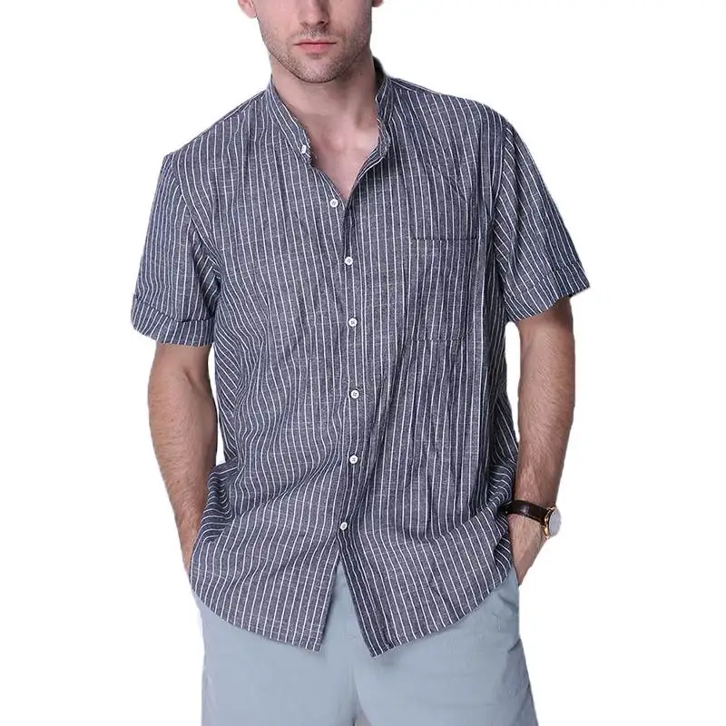 Fashion Striped Men Shirt Short Sleeve Stand Collar Cotton Male Tops ...