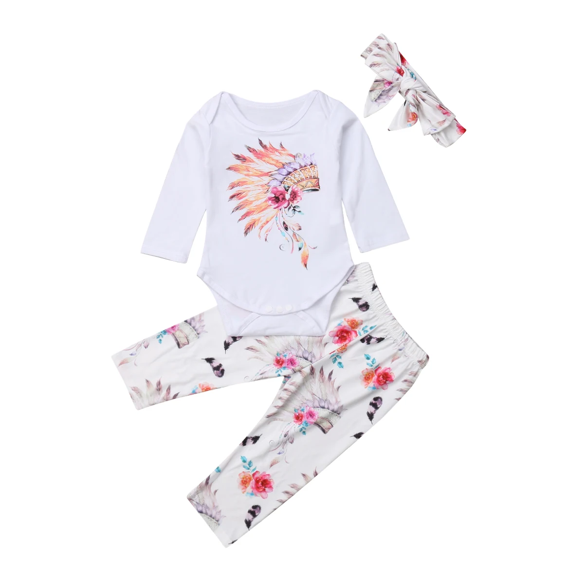 Комплект одежды из 3 шт. с цветочным принтом для новорожденных девочек, комбинезон с длинными рукавами + штаны, повязка на голову, комплект