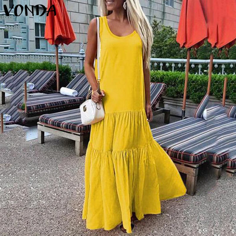 

VONDA Bohemian Dress 2019 Summer Women Sexy V Neck Sleeveless Big Swing Maxi Long Party Dresses Casual Loose Plus Size Vestidos