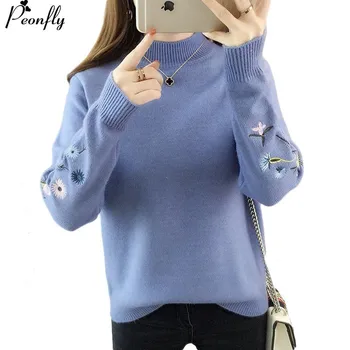 

PEONFLY Pullovers Women Turtleneck Knitted Jumper Clothes Female Korean Style Embroidery Flower Loose Casual Sweater Tops Street