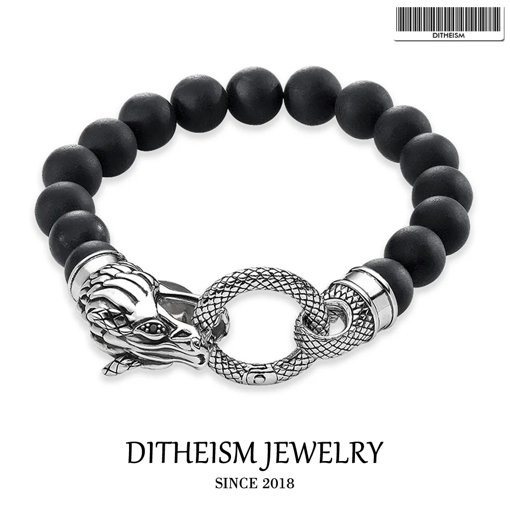 

Strand Bracelets Dragon with Black Obsidian Beads, 2018 New Blackened Silver Fashion Jewelry Punk Gift for Men Boy Women Girls