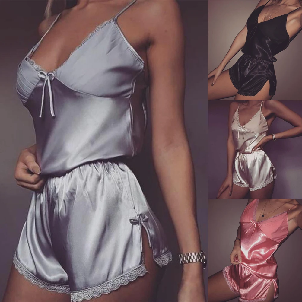 

Sexy Summer Lace Pajamas Sleepwear for Women Sleeveless Spaghetti Strap Pyjamas Satin Cami Top + Shorts Pajamas Sets Nightwear