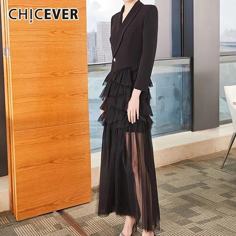 CHICEVER الصيف الرسمي حزب اللباس مطوي شبكة النساء الاحتراق Ss V الرقبة طويلة الأكمام عالية الخصر زر الإناث فساتين 2019 الأزياء