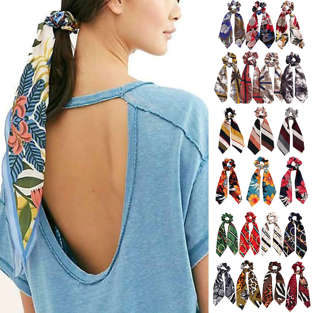 

1 pc New Fashion Sweet Print Scrunchie Women Ribbon Elastic Hair Band Bow Scarf Hair Rubber Hair Ropes Girls Hair Accessories