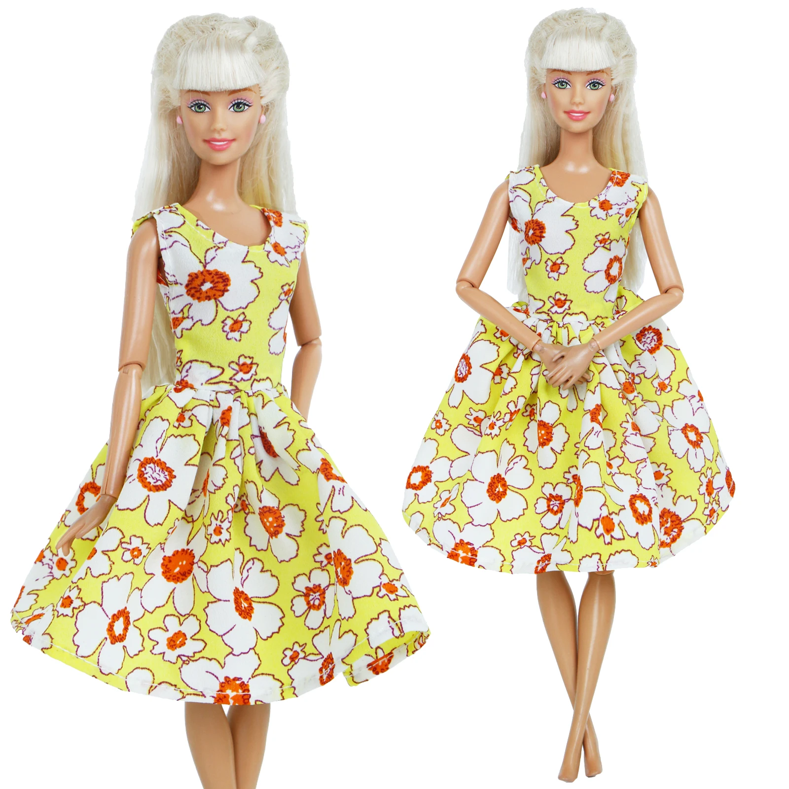Handmade Fashion Doll Dress Daily Party Wear Yellow Flower Pattern Mini ...
