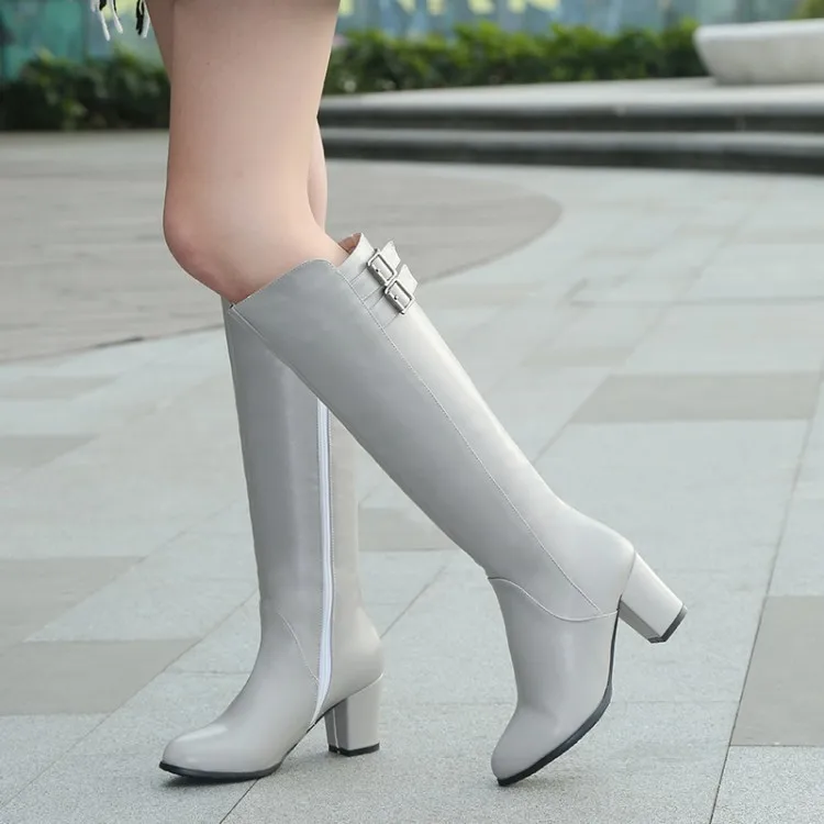 

White Long Leather Zipper High Coarse Women Winter Boots