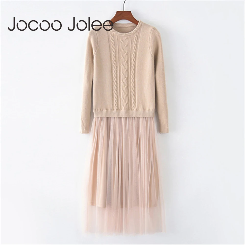 Koop Jocoo Jolee Koreaanse Herfst Winter Jurk Elegante Dames O Hals Gebreide Midi Jurk Hoge Elstic Mesh Warm Vrouwen jurk