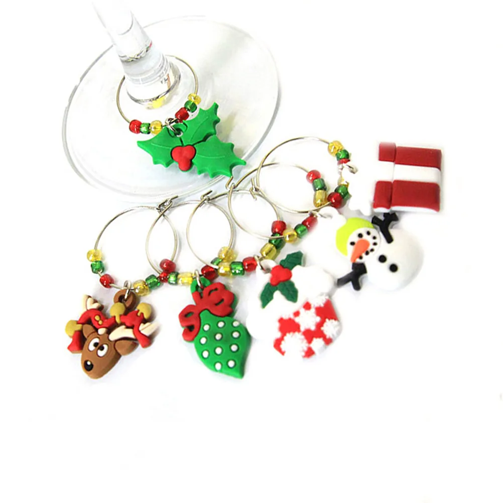 

6pcs Christmas Glass Charms Festive PVC Adorable Soft Silicone Goblet Glass Charms Charms Wire Hoops Rings Drink Markers Party