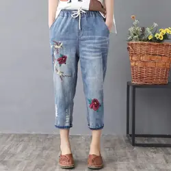 Новинка 2019 года сезон: весна-лето высокая талия джинсовые широкие брюки Цветочный Вышивка дамские шаровары джинсы для женщин модные